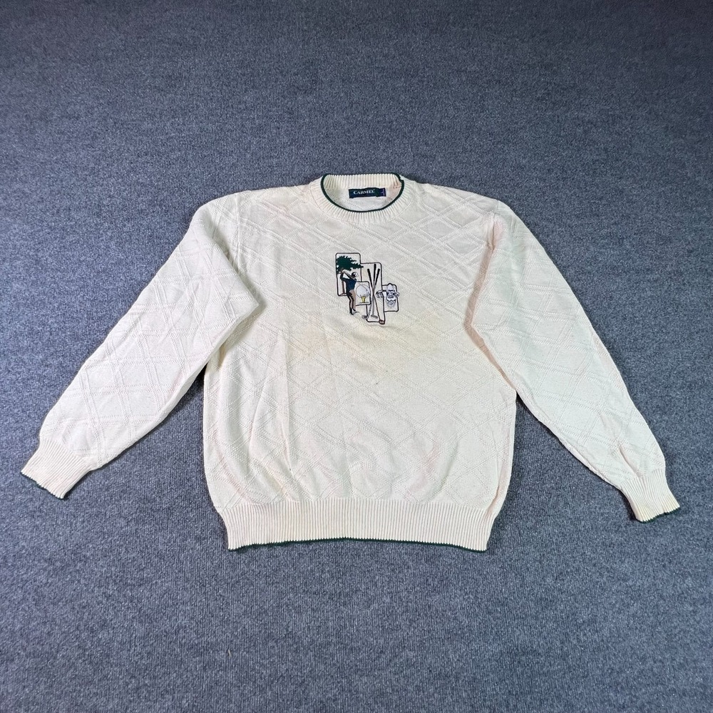 Vintage Carmel Sweater Mens Large Cream Chunky Knit Golf Graphic Cozy Preppy USA